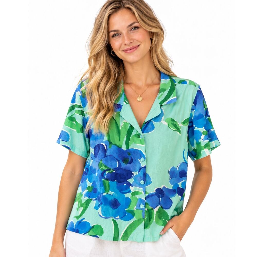 Jams World Violet Bouquet Button Top Womens XL Hawaiian Retro Art Resort **FLAW